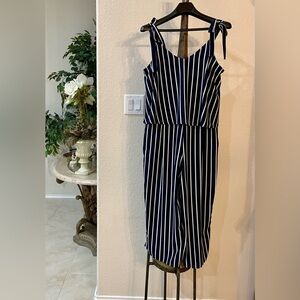 🦋 MAGNOLIA SKYE Blue & White  Peplum wide legs Jumpsuit SZ L Spaghetti straps